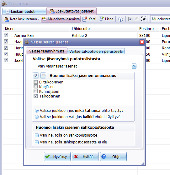 Metsästyseuran jäsenmaksu, maksajien valitseminen