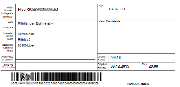 Metsästysseuran jäsenmaksu, viivakoodi