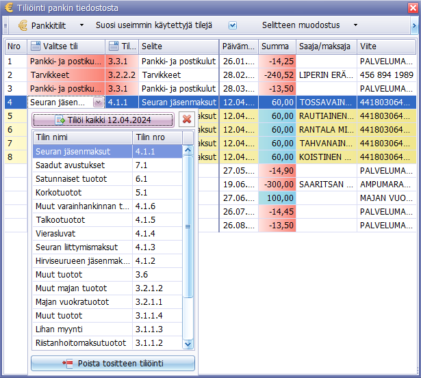 Metsänpoika, tiliöinti tiliotteelta