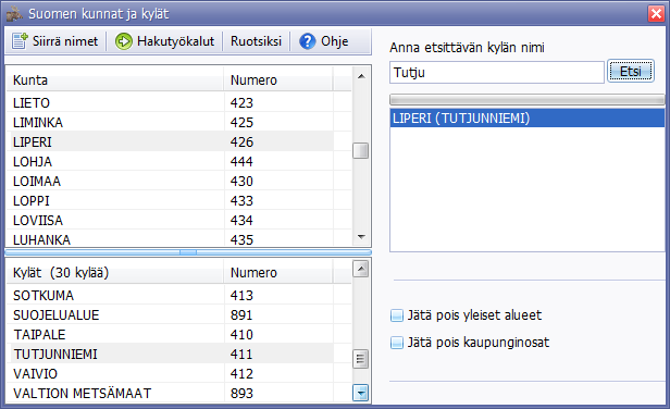 Kylän ja kunnan numerot