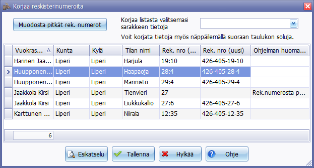 Rekisterinumeroiden korjaaminen