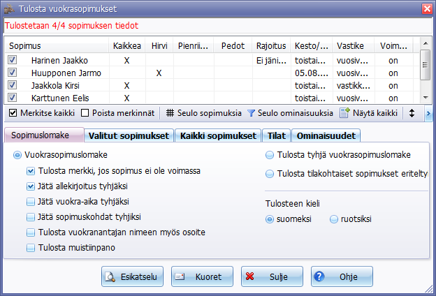 Metsästysvuokrasopimusten tulosteet
