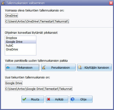Tiekuntien tallentaminen pilvikansioon