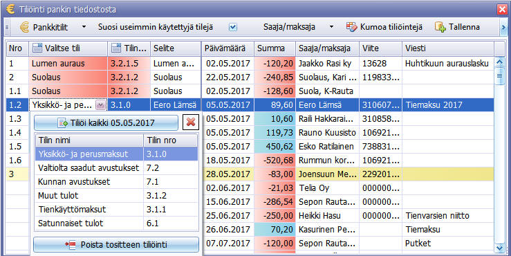 Tieyksikköjen kirjaus kirjanpitoon