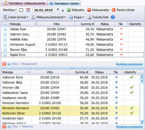 Tiemaksujen maksuseuranta