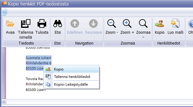Tieosakkaiden tiedot pdf-tiedostosta