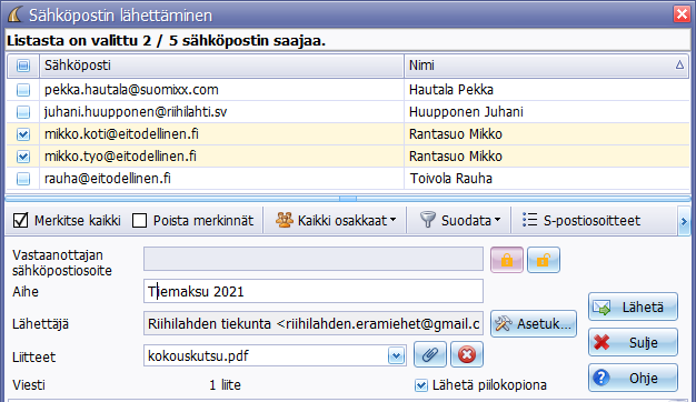 Sähköposti tieosakkaille.