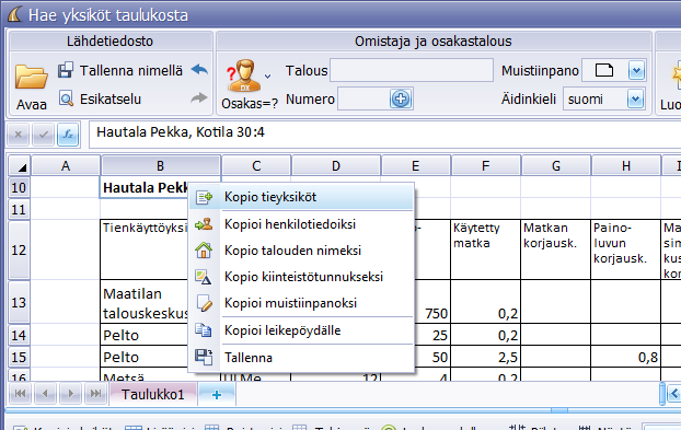 Tieyksikköjen hakeminen taulukosta